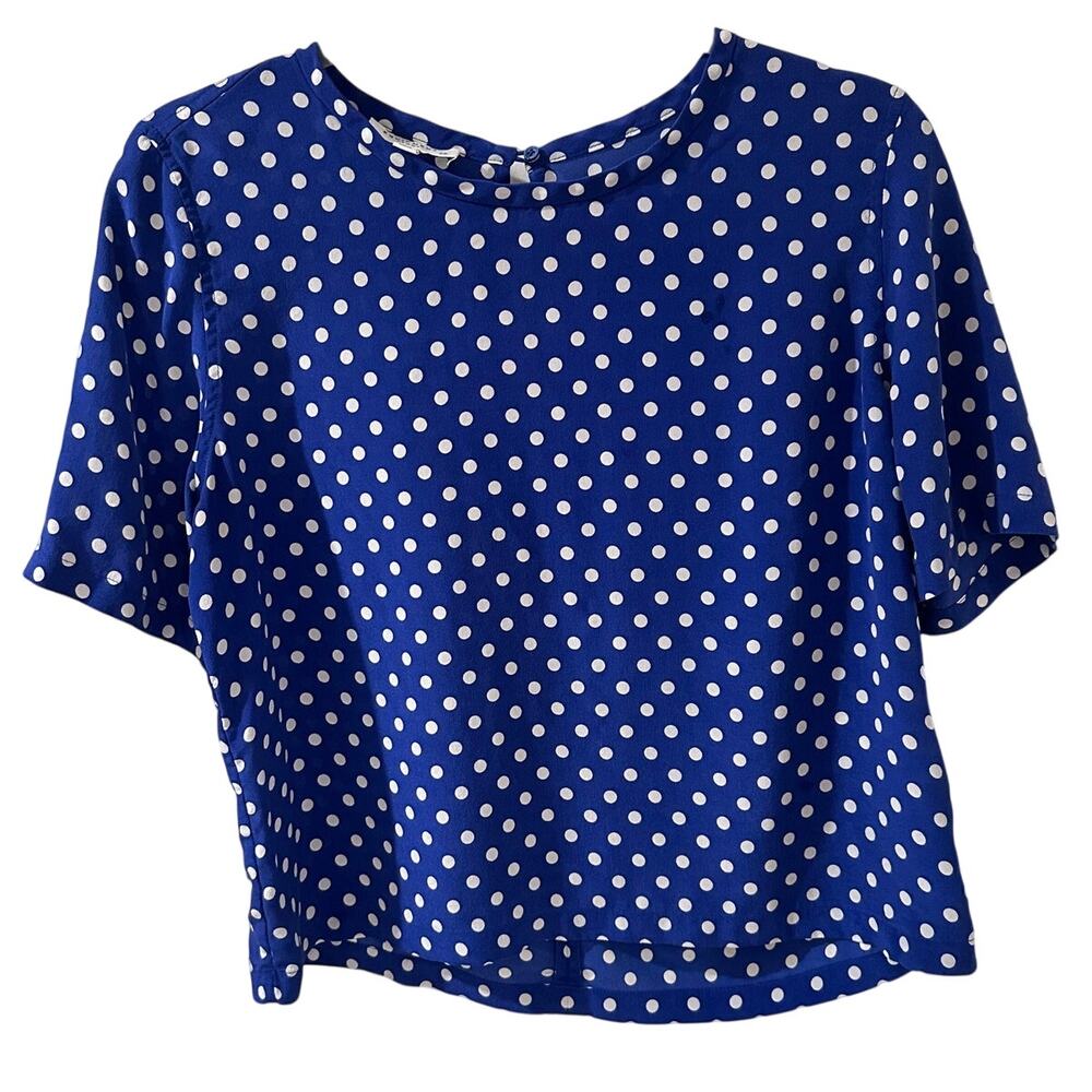 Equipment Femme Brynn Boxy Silk Short Sleeve Blue White Polka Dot Blouse, size S